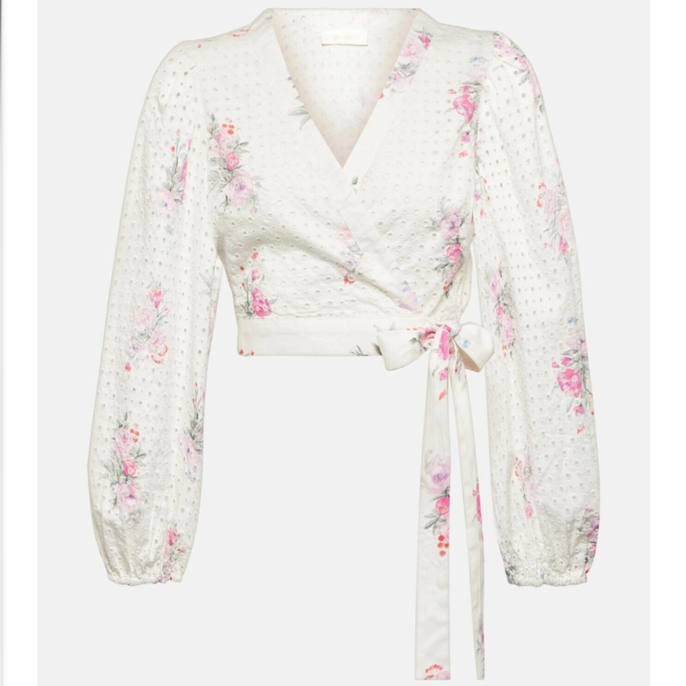 LoveShackFancy Kinza Floral Bishop Sleeve Wrap Blouse White Cream Crop Top